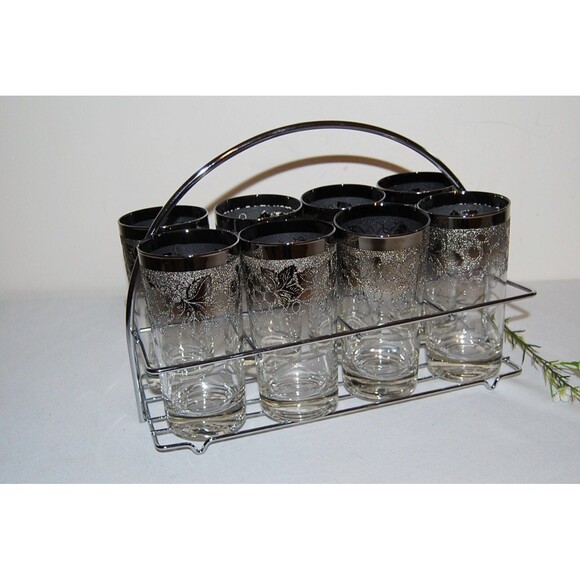 Vintage Glasses Eight Silver Etched with Carrier - Picture 3 of 5